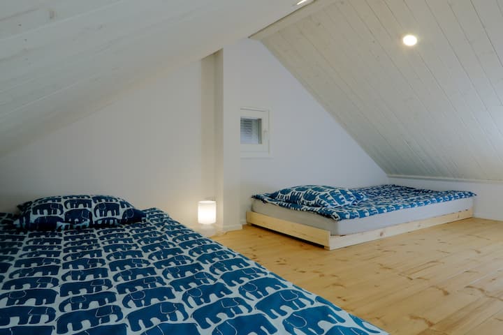 Sleeping attic is an accommodation for 2 persons; We think this place is most suited for children. 

The attic is low (max. 1.57 m. high) and small. 

The ladder to the attic is steep. Be careful!