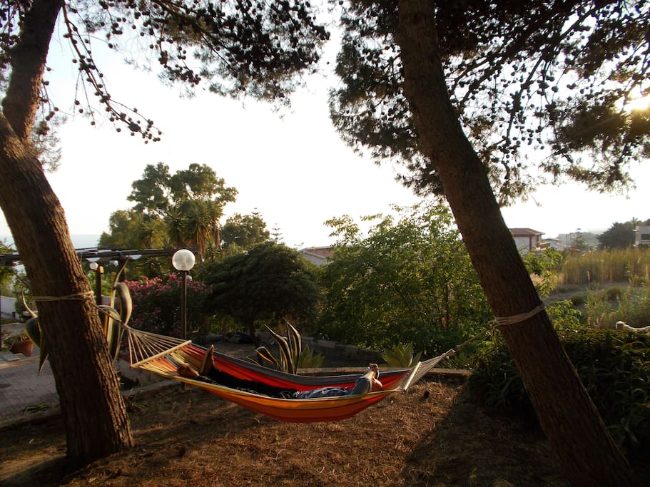 Pleasant moments of relaxation on the hammock in the pine forest overlooking the sea