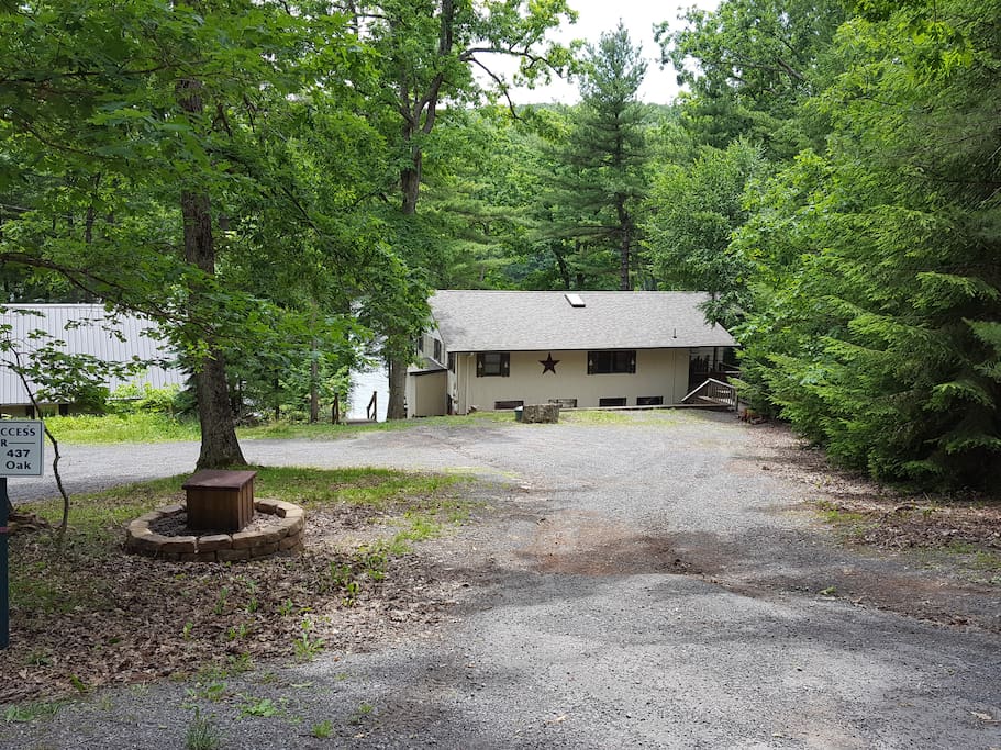 Street view and entrance to parking lot.