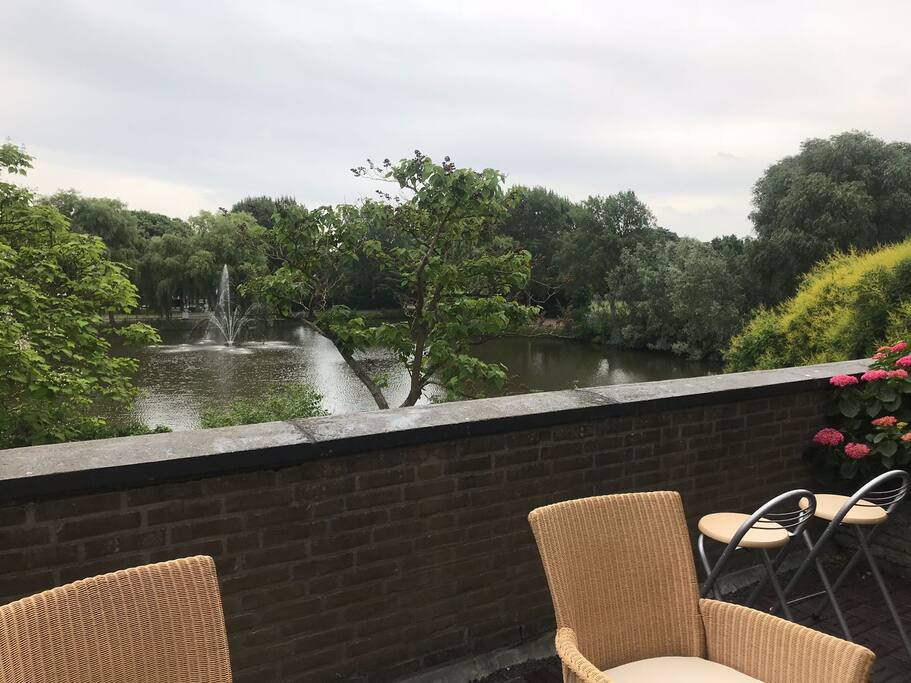 This is our lakeside terrace and view of the fountain... Beautiful surroundings, peaceful and quiet.