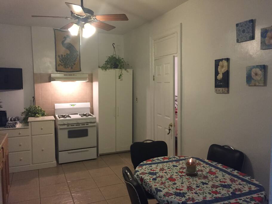 Chill in the kitchen with other guests and your host over morning coffee or camp out with your laptop and watch TV.
