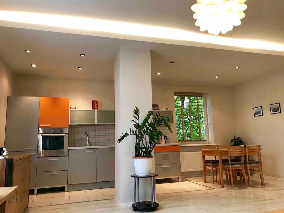 Living room with kitchen and balkony
