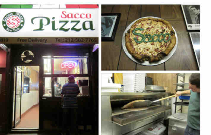 A welcoming pizza shop entrance displays an open sign and 'Sacco Pizza' signage. An appetizing pizza sits on a silver platter, showcasing melted cheese and golden crust. A chef is seen carefully placing a pizza in the oven, surrounded by cooking equipment and kitchen decor.