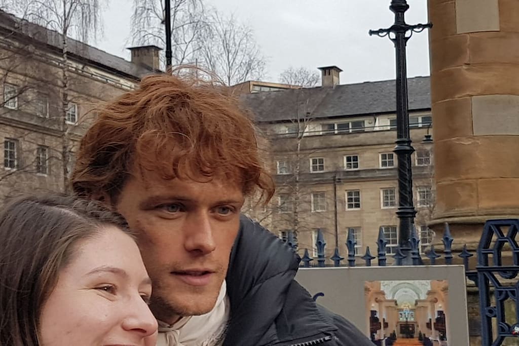 Sam Heughan from Outlander was filming the new series outside the apartment in the church. Jamie featured her loved mingling with the crowd.