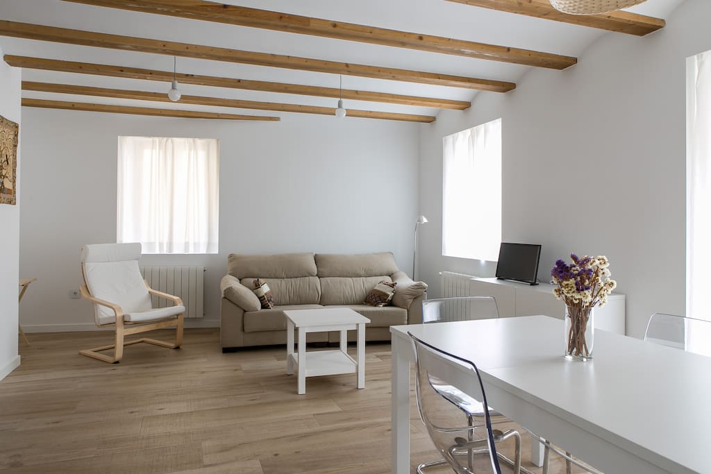 Zona de estar y amplio y cómodo sofá. Living area and large comfortable sofa.