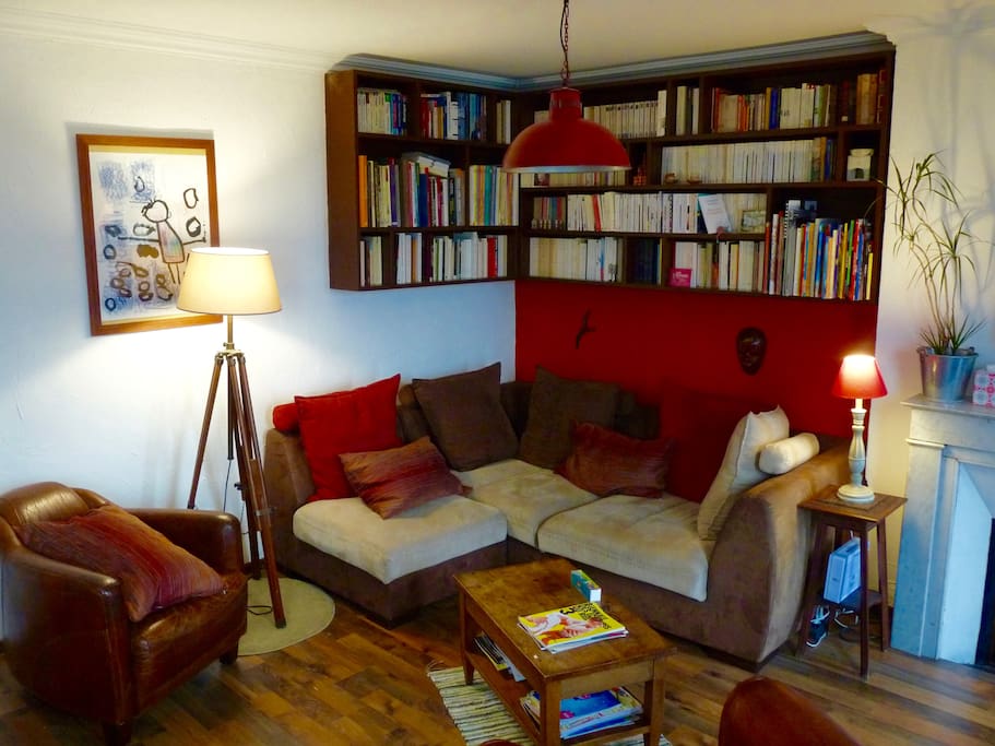 Le coin salon avec la bibliothèque