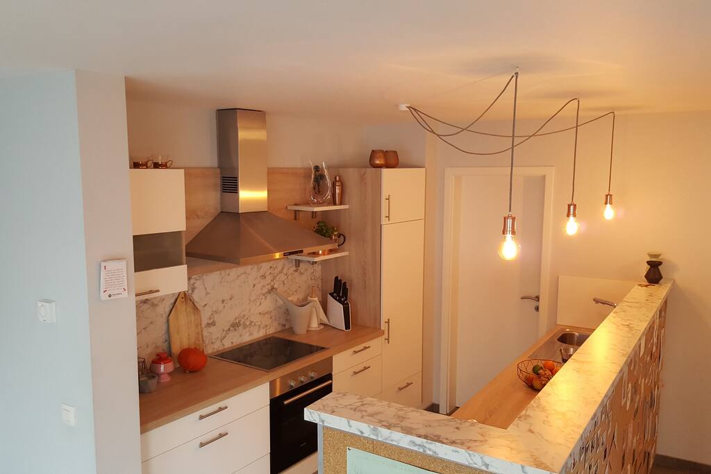 Fully equipped kitchen. We also use it as bar to create a delicious Gin Tonic. Not wanting to eat in a restaurant? There are plenty of grocery stores around.
