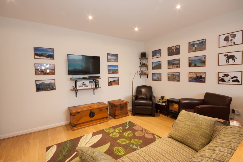 Wall mounted 42" TV with Freeview and DVD player.