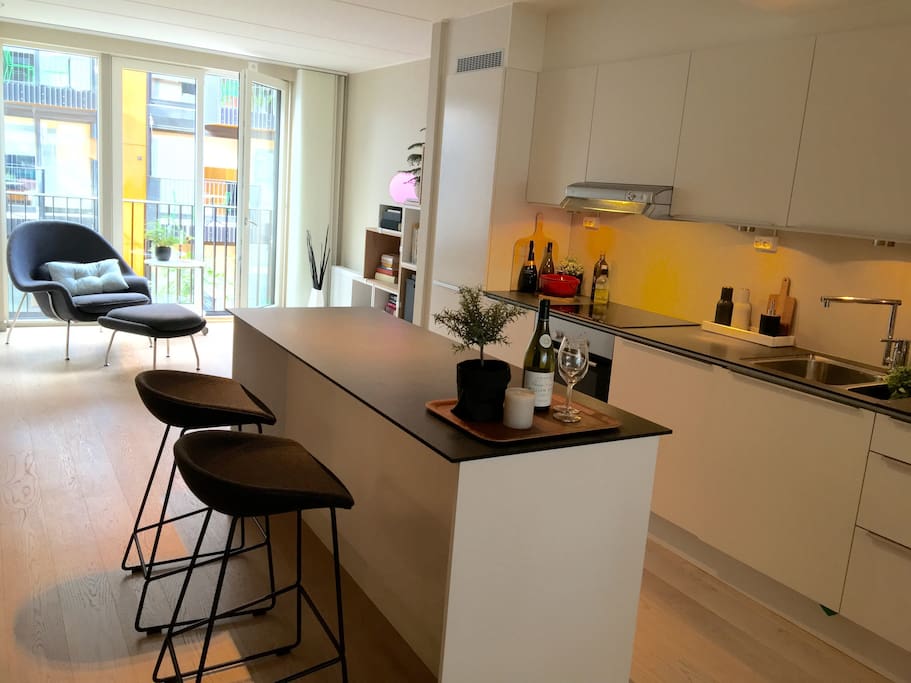 The kitchen has lots of counterspace and all amenities.