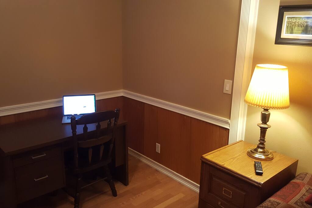 Home office desk and chair, wireless Internet.