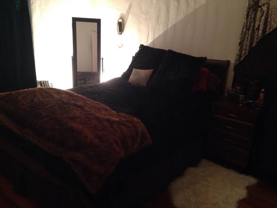 bedroom with french window and view of DTLA