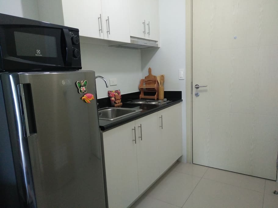 The kitchen with a small electrical stove, a fridge and a microwave oven
