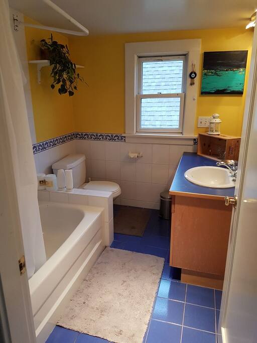 Clean, bright bathroom is shared only with other travellers.