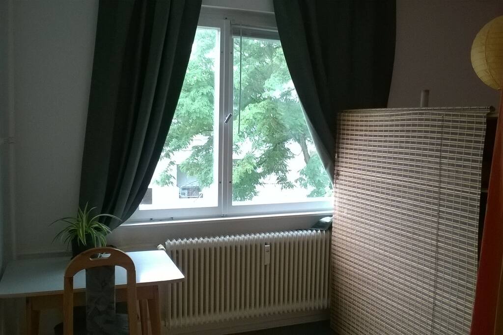 Blick von der Tür (hinter dem Rollo ist das Regal und dahinter das Bett)