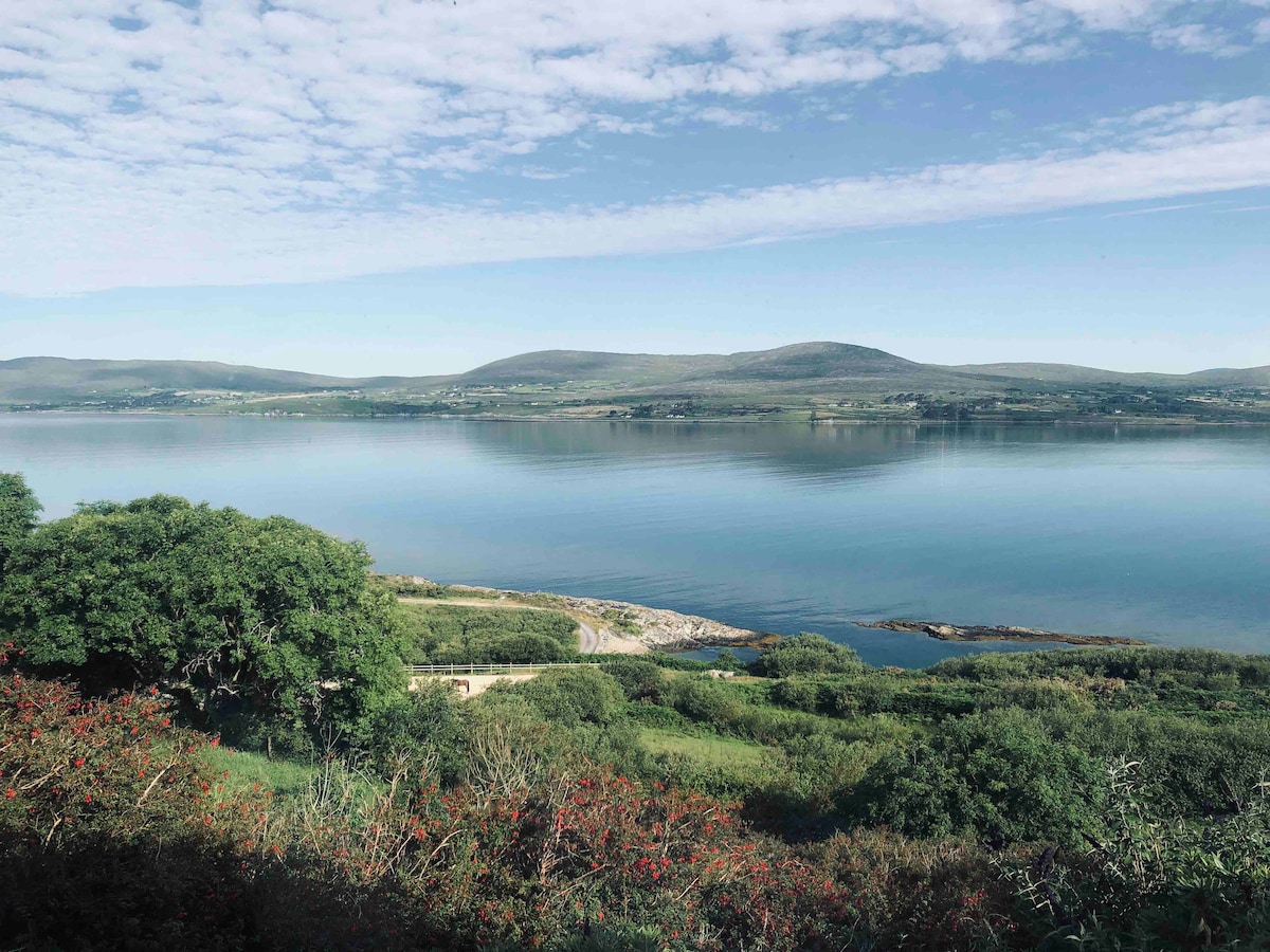A serene view of Dunmanus Bay is captured, showcasing calm waters reflecting the sky. Lush greenery and trees frame the scene, while rolling hills are visible in the distance under a partly cloudy sky. The shoreline leads to a rocky area, enhancing the coastal landscape.