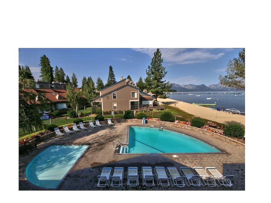Lakefront resort with private beach, pools, spa