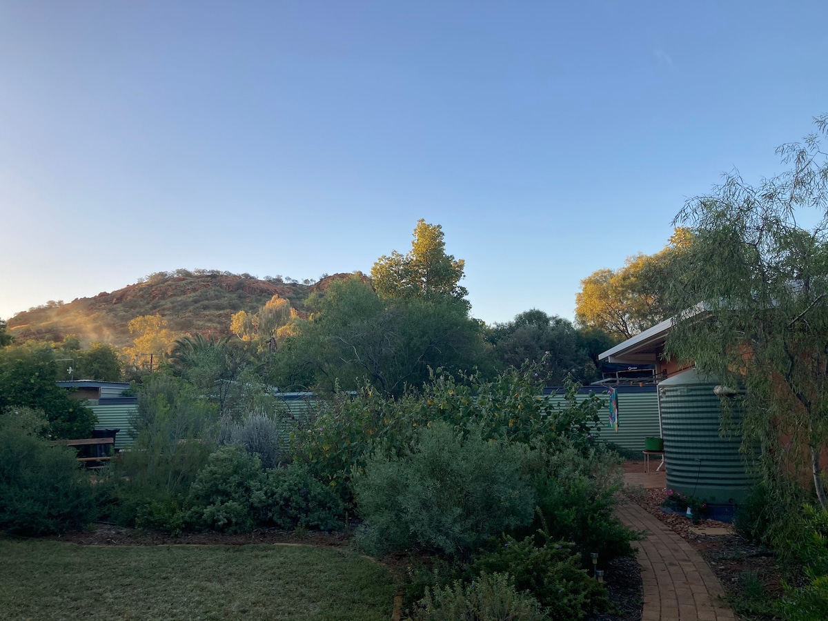 The outdoor area features a view of surrounding greenery and a gentle hillside, complemented by a clear blue sky. Native plants and shrubs populate the foreground, creating a tranquil setting that blends with the natural landscape of Central Australia.