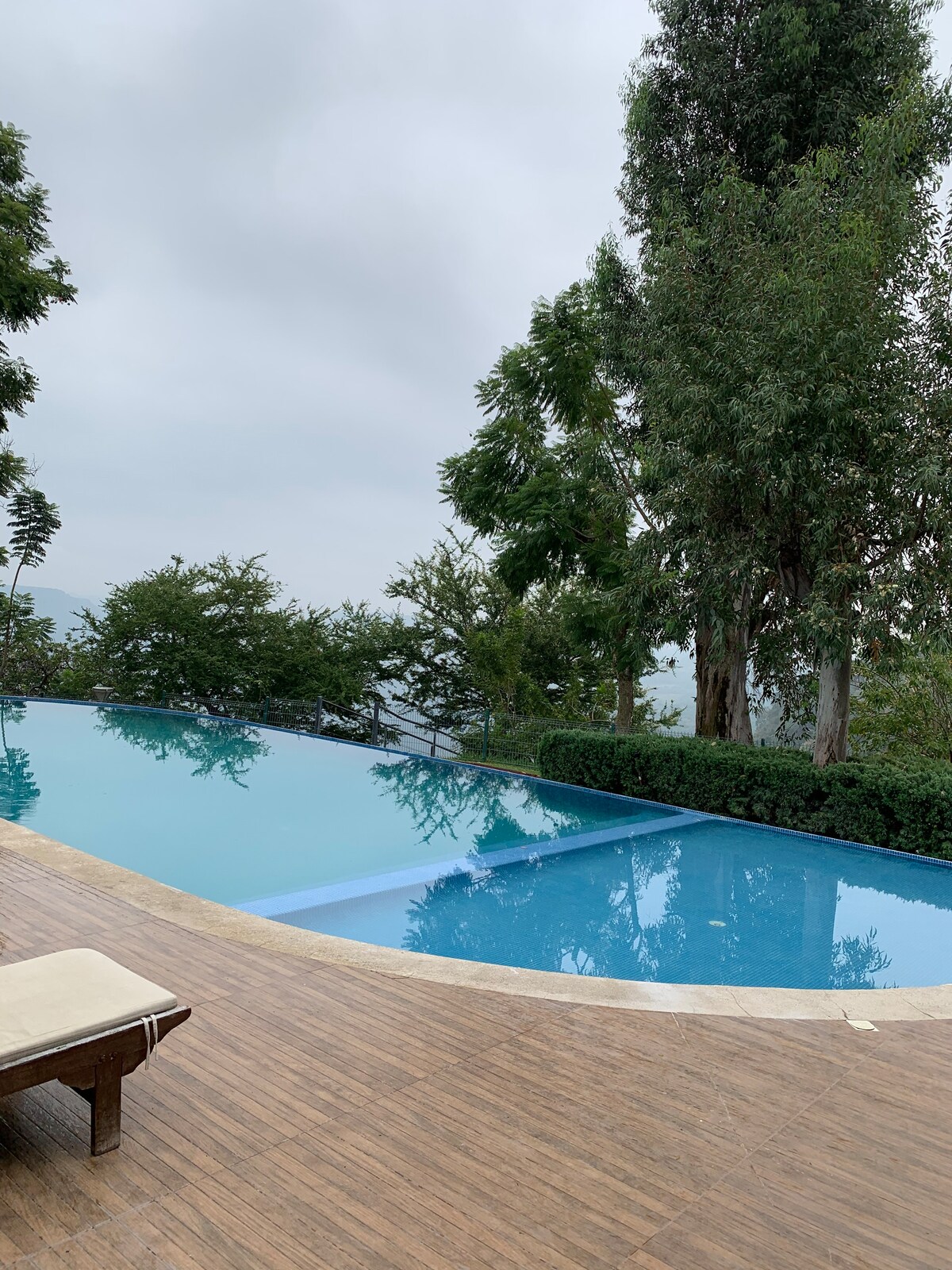 An inviting infinity pool reflects the surrounding greenery, bordered by trees and shrubs. A wooden deck with a lounge chair offers a serene space to relax. The cloudy sky casts a gentle light over the tranquil scene, enhancing the natural beauty of the area.