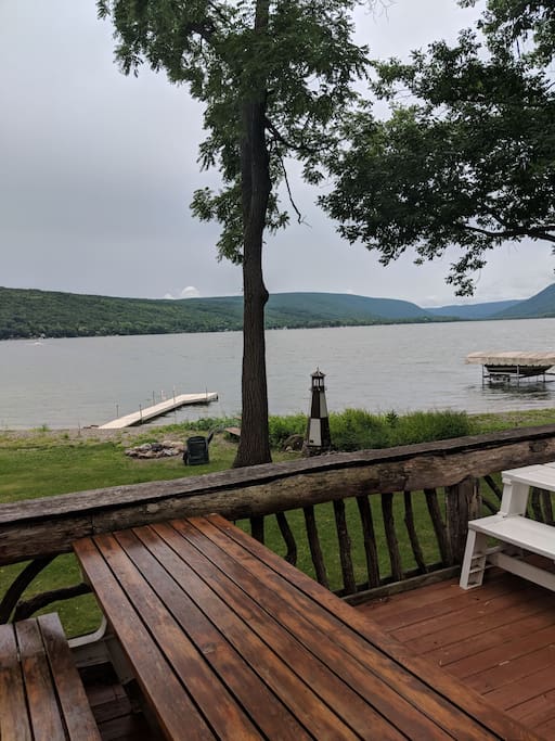 View from the front porch. The dock and the firepit are available for your use. The dock will stay in the water until Sept 22nd)
