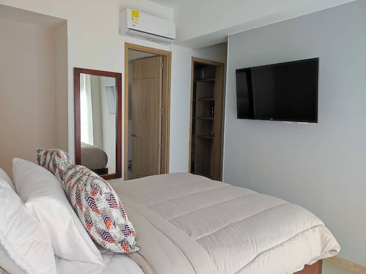 Основна стая с гардеробно помещение, климатик, смарт телевизор, кабелна телевизия и Netflix 