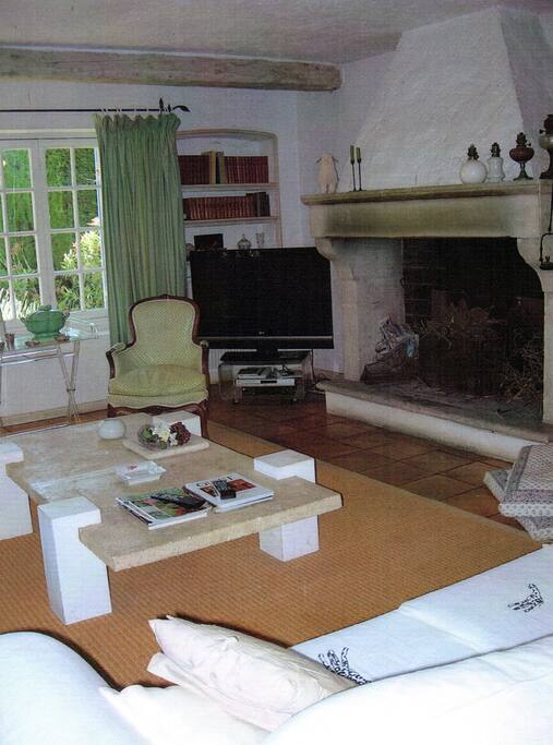 Salon avec TV et cheminée