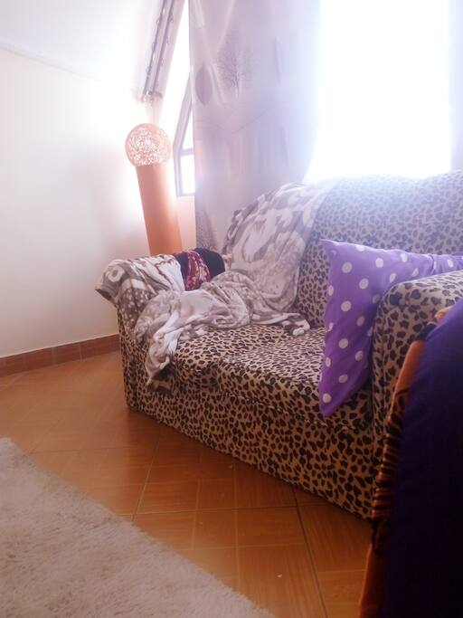 Second couch in the living room next to an amazing view of the small town. The windows are very huge and excellent to let in fresh air and for viewing the town and our friend, pet bird that comes every morning to say hi