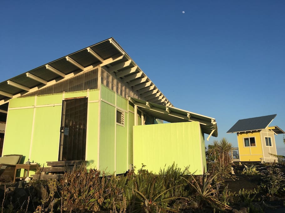 Main cabin (chartreuse green) and bedroom cabin (canary yellow).