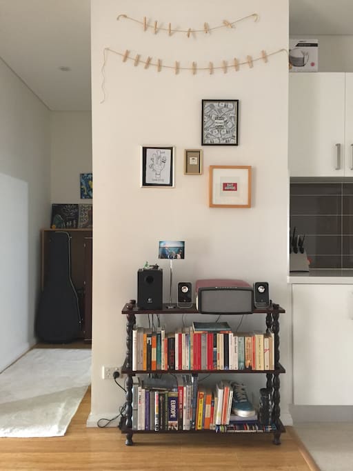 Library bookcase and record player in the living area