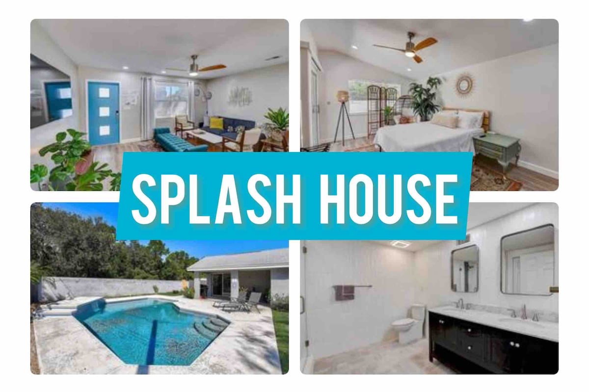 The image displays a collage of the Splash House. Upper left shows a cozy seating area with modern furnishings in light colors. Upper right features a bright bedroom with a spacious bed and decorative accents. Lower left highlights a tranquil pool area surrounded by a patio. Lower right showcases a bathroom with modern fixtures and a stylish double sink.