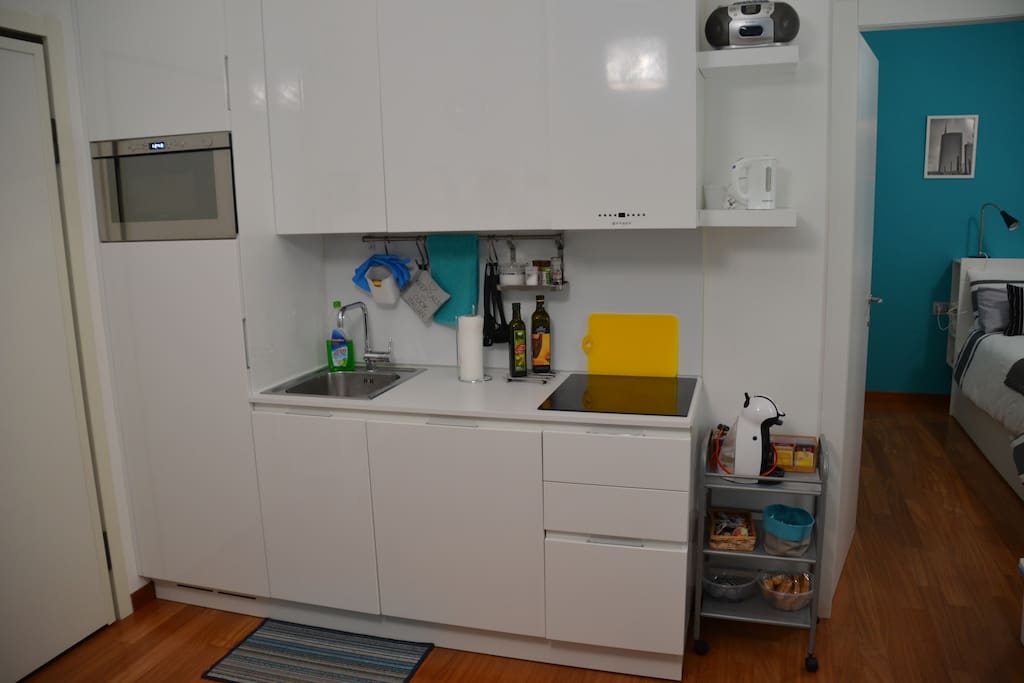 Kitchen with everything you need to make food including dishes, microwave, dishwasher, fridge and induction oven.