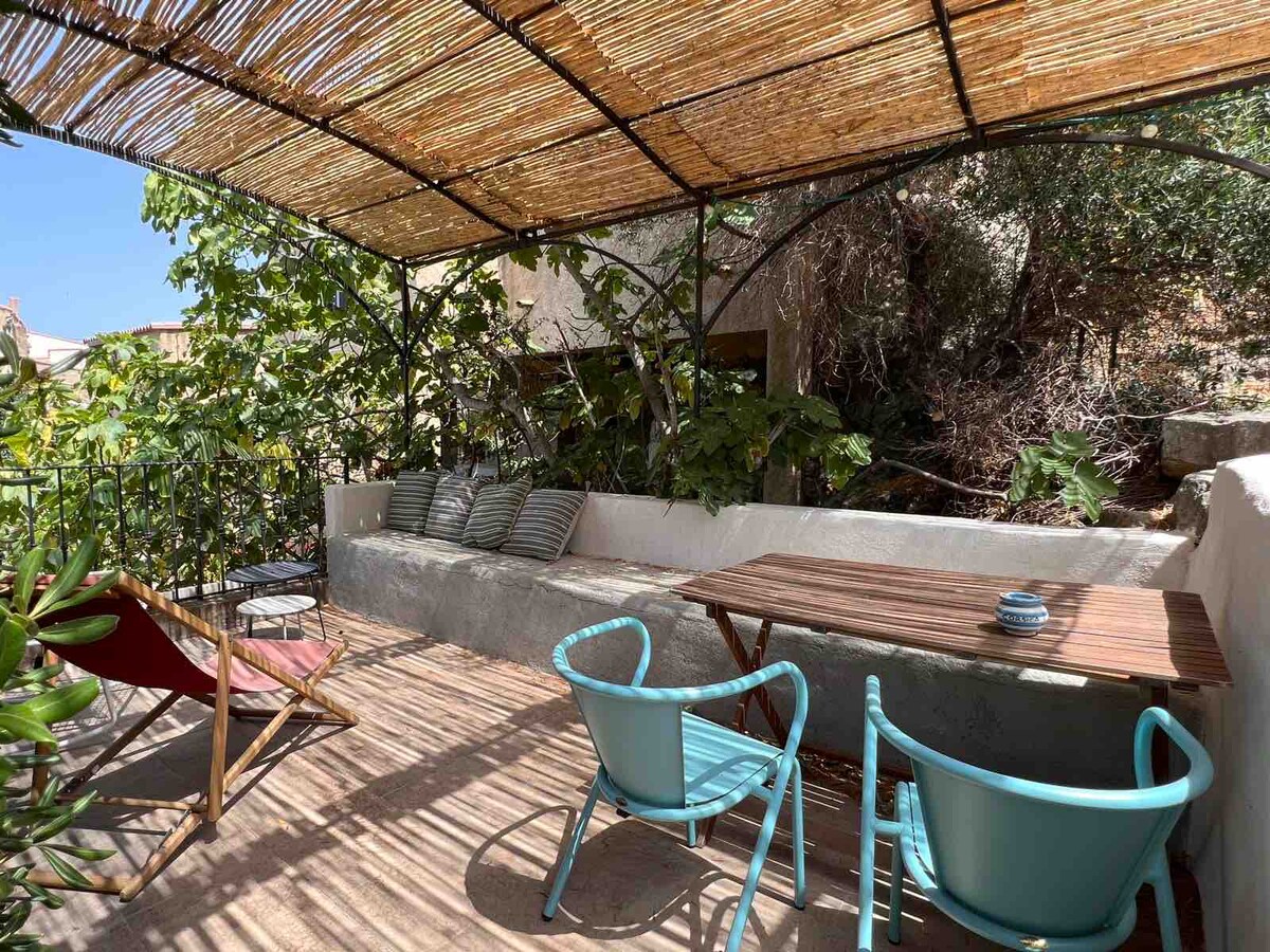 A shaded terrace features a wooden table surrounded by three blue chairs. A cozy seating area with outdoor cushions sits against the wall, while a lounge chair invites relaxation. Lush greenery and a pergola overhead provide a tranquil outdoor space.