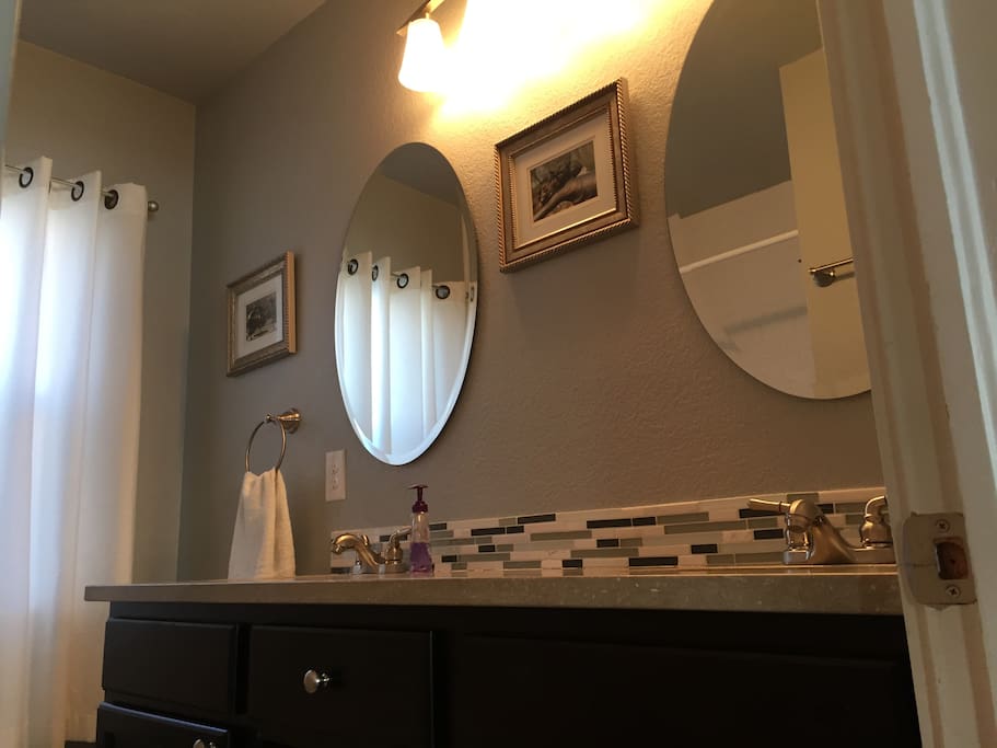 Private bathroom. Full bathroom with double sinks and plenty cupboard space