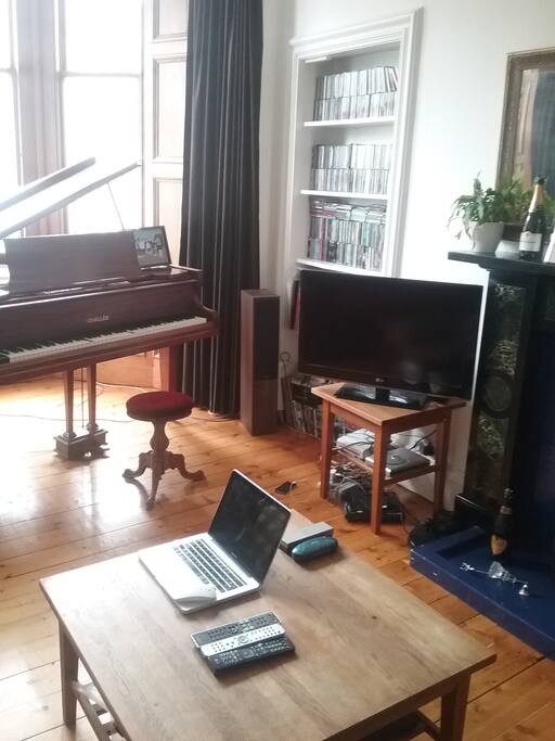 TV, coffee table, and (inactive) fireplace