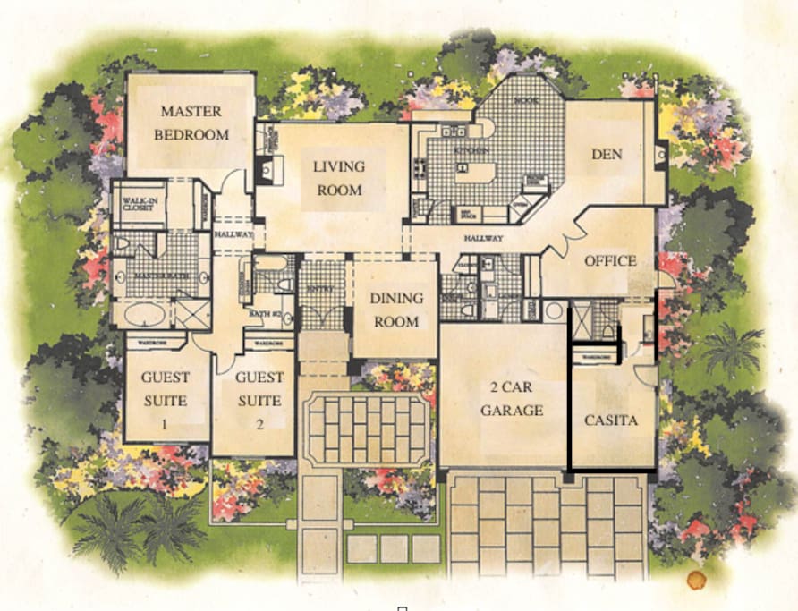 Here's how it all lays out. For two couples traveling together--notice how the master bedroom and the casita are located on opposite ends of the house, each with their own en suite baths.