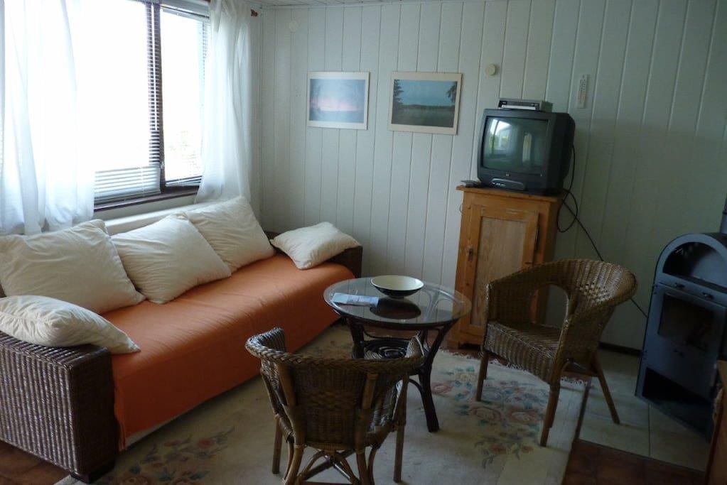 Wohnzimmer mit Couch zum Ausklappen (140 cm)