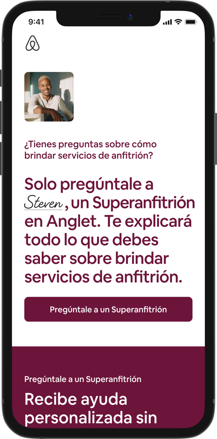 Un celular muestra la página inicial de la sección Pregúntale a un Superanfitrión. En ella aparece la foto de perfil de un anfitrión de aspecto amable junto a un texto que dice: “¿Tienes alguna duda sobre cómo hospedar? Pregúntale a Steven, un Superanfitrión en Anglet. Te explicará todo lo que debes saber sobre cómo ser anfitrión”. A continuación, aparece el botón Pregúntale a un Superanfitrión.