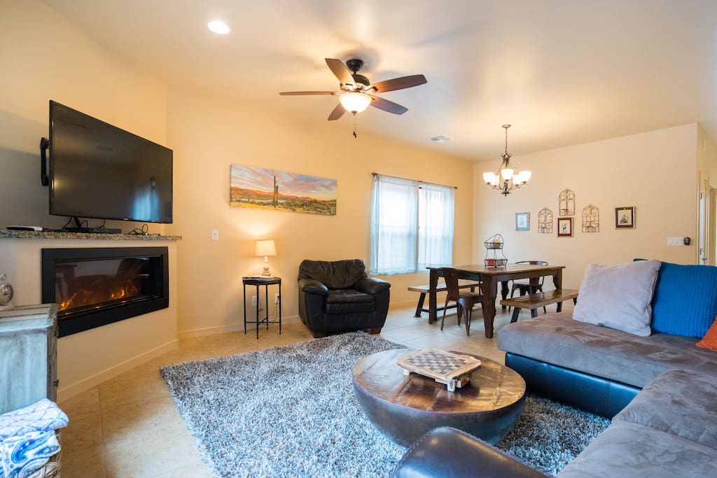 Living room with TV, fireplace, netflix access