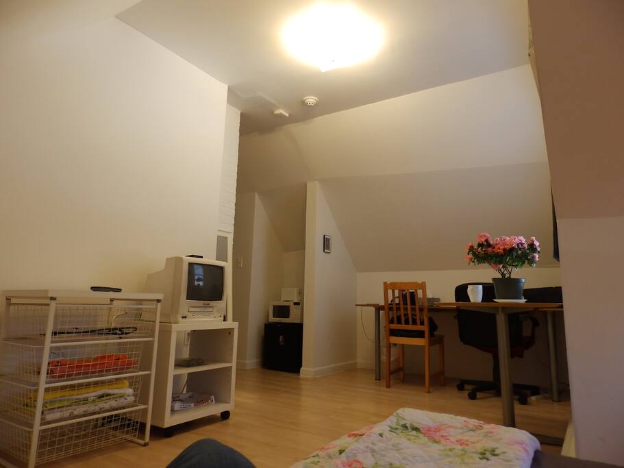 a cable tv, a big desk, a small fridge and a micro wave oven for personal use.