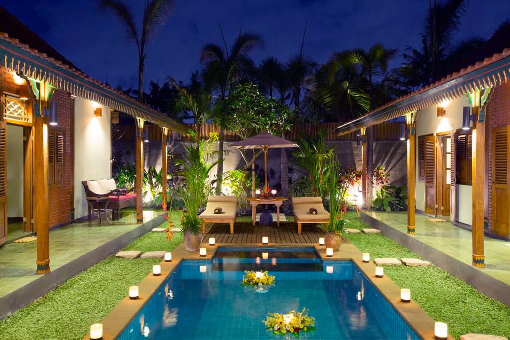 Night view of our pool area