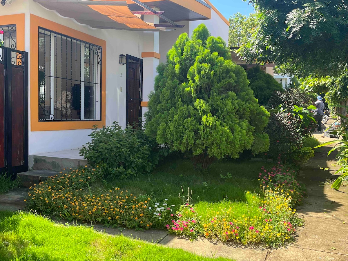 The front garden features a well-maintained lawn with vibrant flowers and greenery. A shaded entrance is framed by lush plants, while a pathway leads to the house, inviting peaceful outdoor moments in a serene setting.