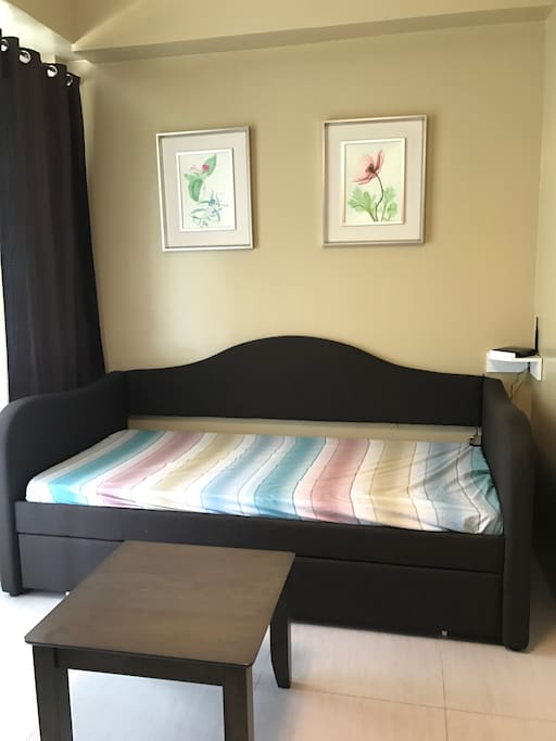 Single size sofa bed with pull-out. Wifi is available in the unit