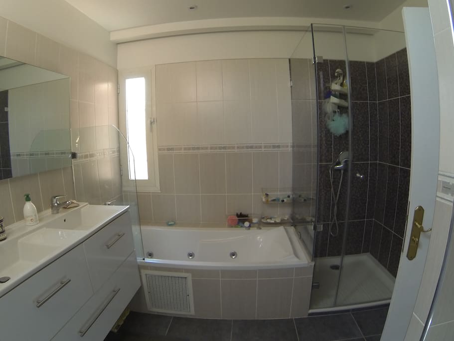 salle de bain avec douche et jacuzzi