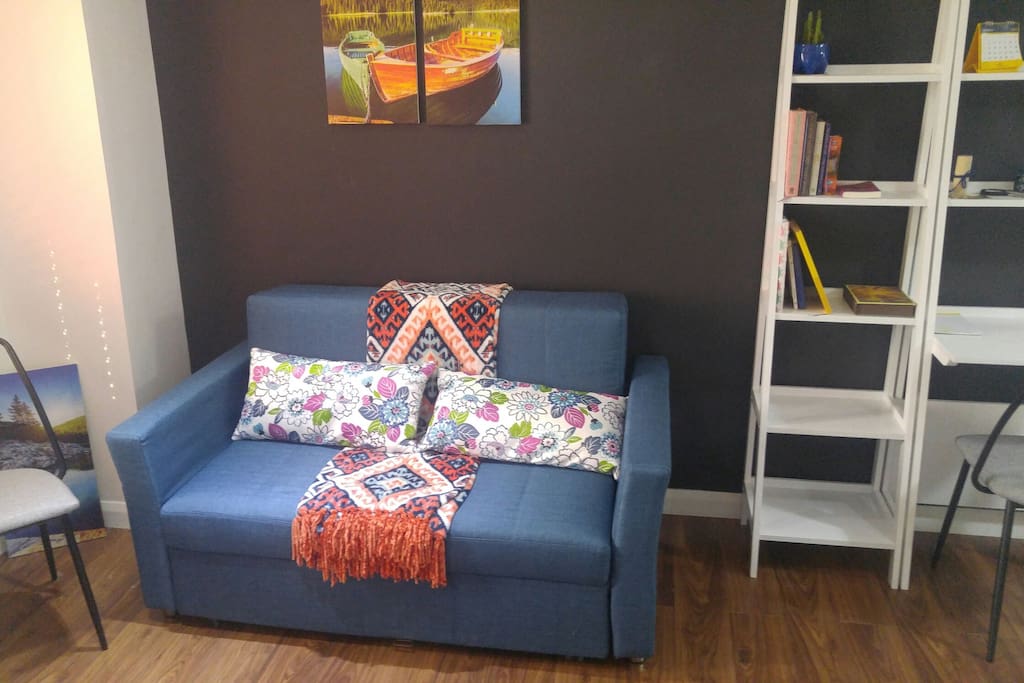 SIt, or lounge on the sofa (bed) while watching news or movies on Cable TV.