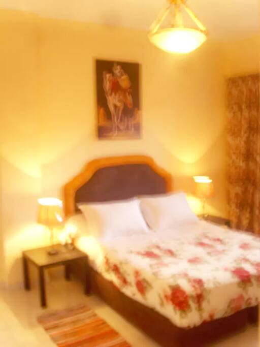 Chambre avec lit double, un fauteuil, Placard et balcon panoramique.