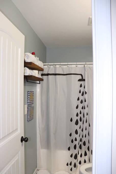 Private attached bathroom. Freshly painted October 2018. New shelves and artwork.