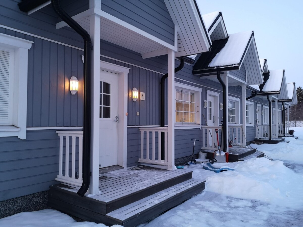 A row of charming blue cabins is presented, each featuring a covered porch and white trim. Snow blankets the ground, and soft lighting illuminates the entrance of one cabin. A pathway leads to the door, enhancing accessibility in the winter landscape.