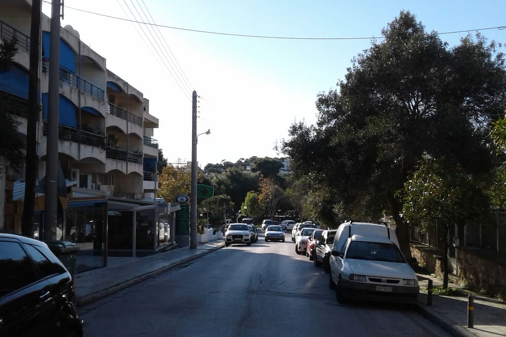 Apartment building entrance, looking right, towards the park located just before Vouliagmeni beach.