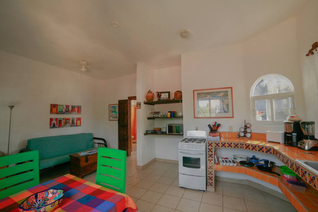 Full kitchen and living room view of Orchid Suite.