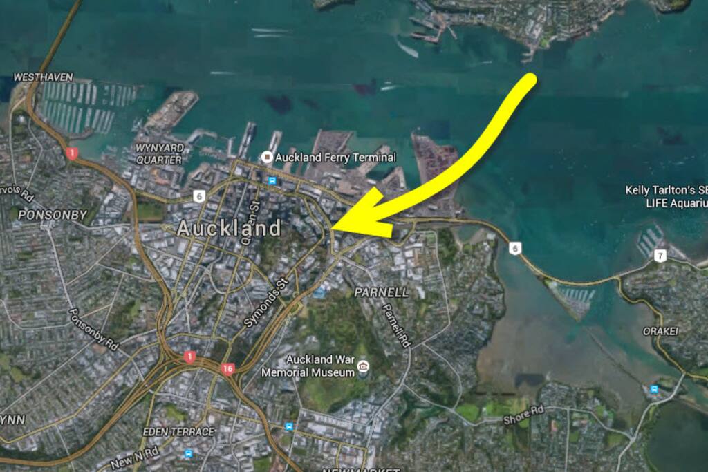 Google view of Auckland City and arrow to apartment