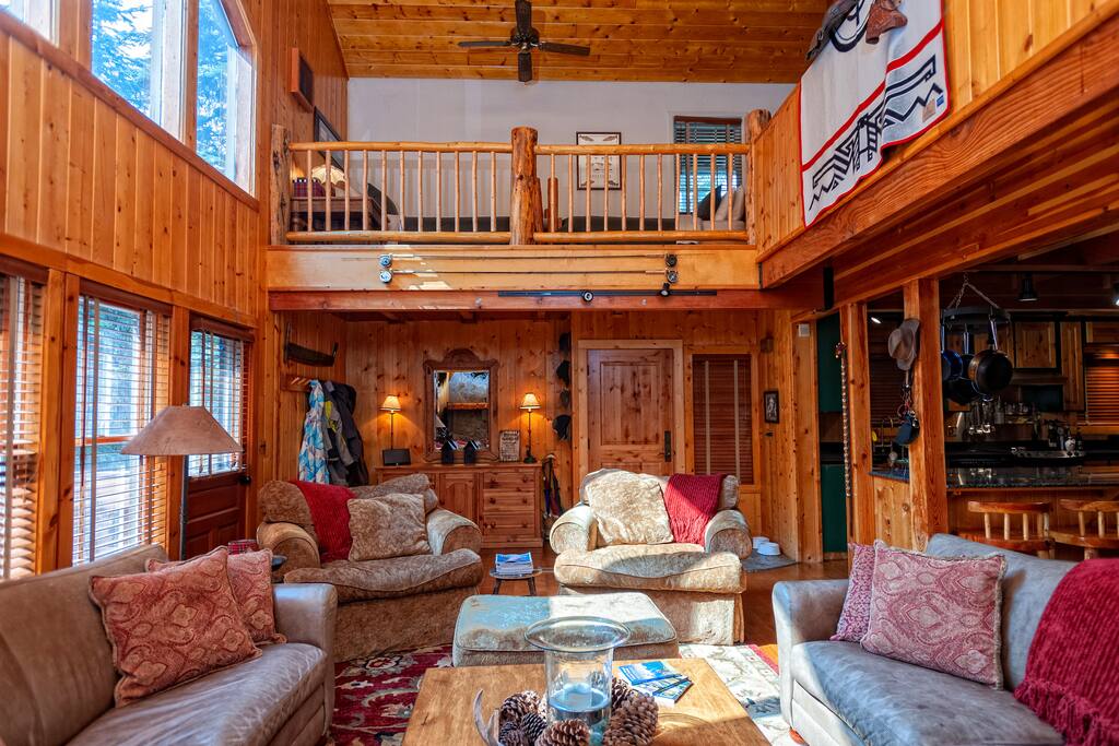 Great room with kitchen on right